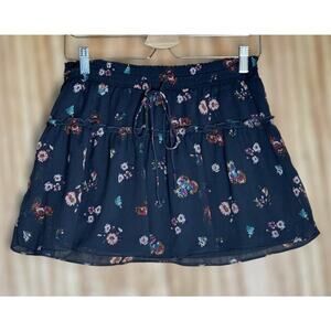 Aerie Boho Black Floral Mini Skirt Sz S Ruffle Hem Feminine Flirty Fairy Grunge